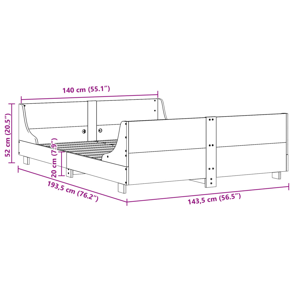 Sengeramme uten madrass hvit 140x190 cm heltre furu