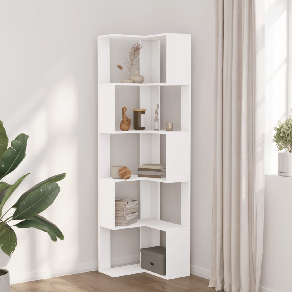 Bokhylle for hjørne 5 etasjer hvit 50x50x179 cm konstruert tre