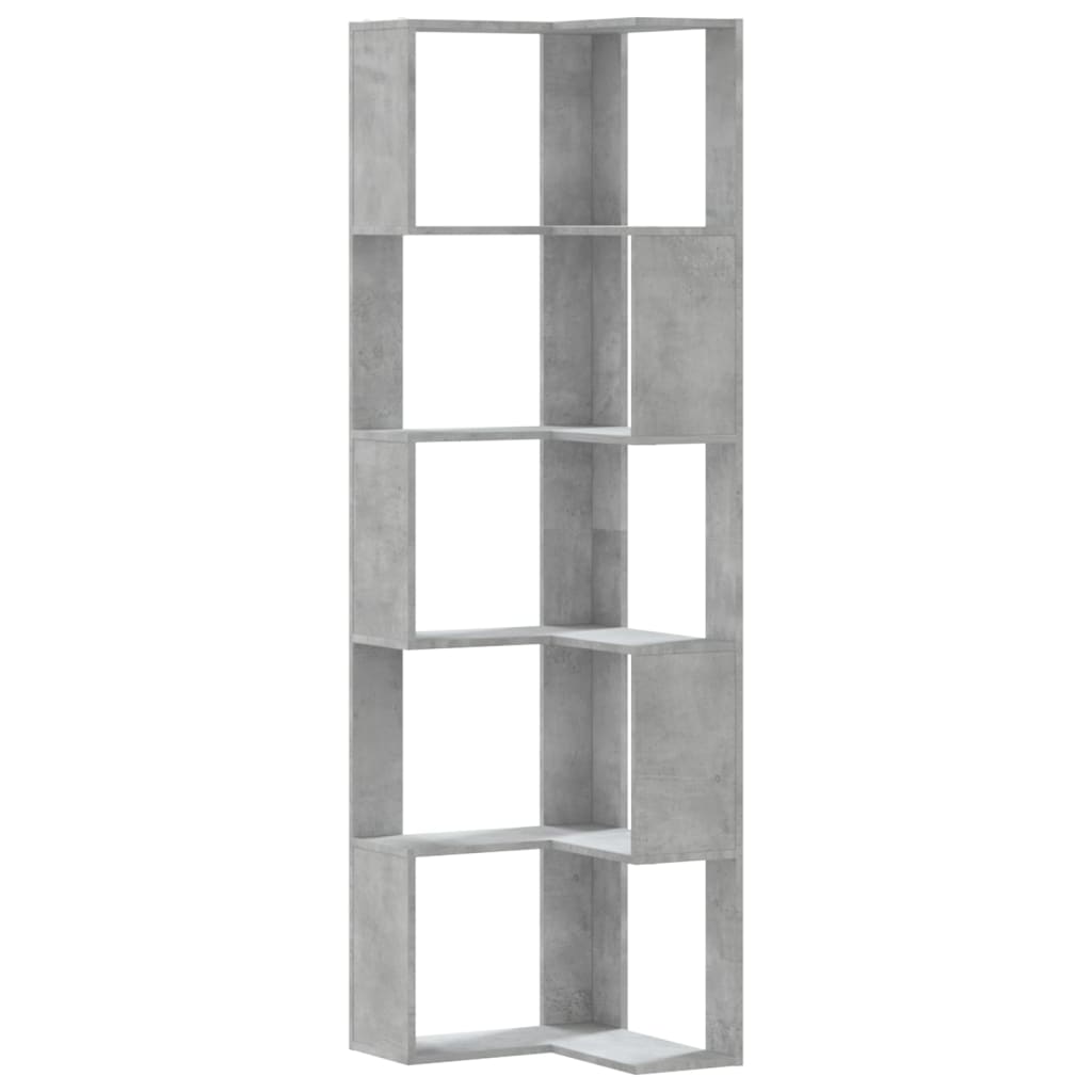 Bokhylle hjørne 5 etasjer betonggrå 50x50x179cm konstruert tre
