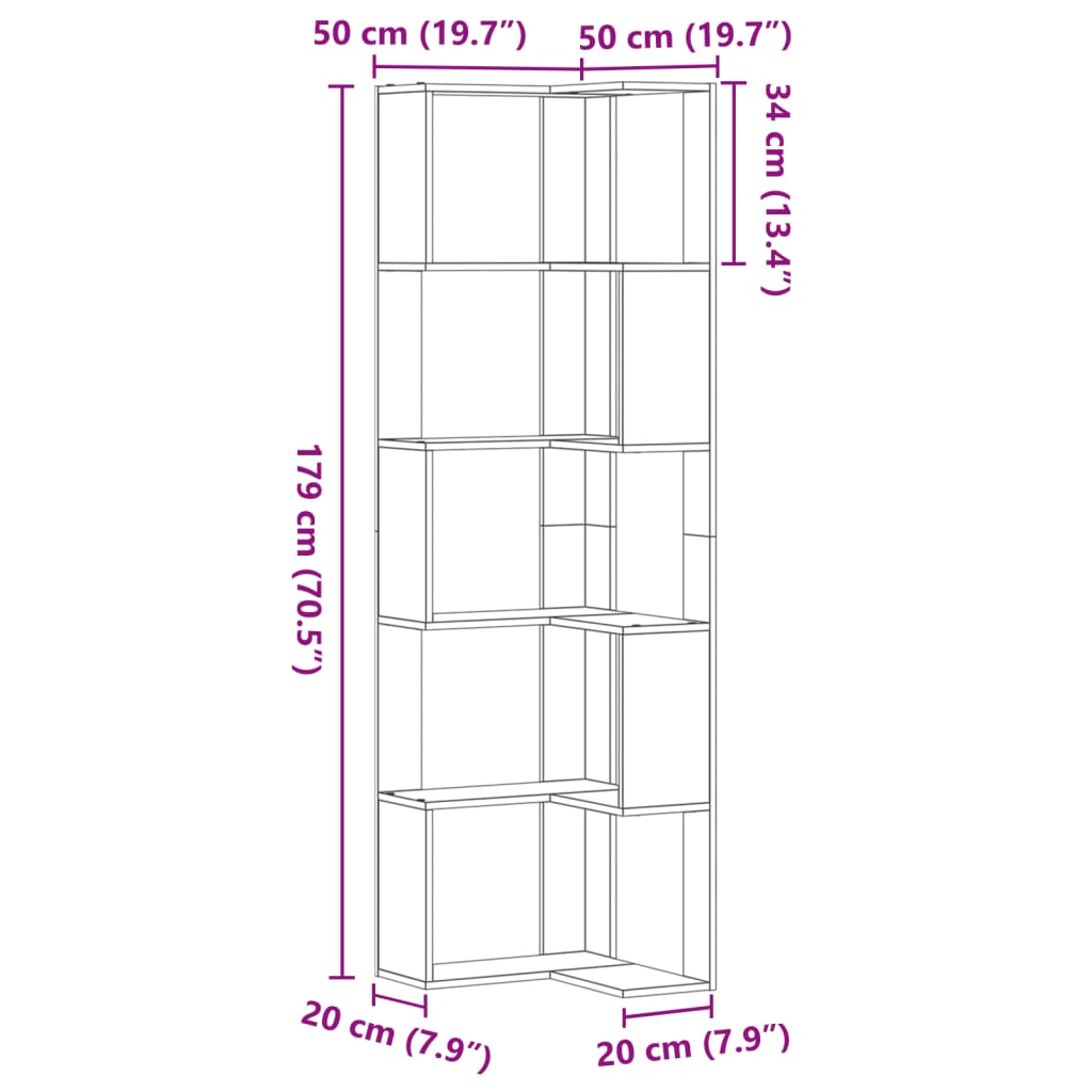 Bokhylle hjørne 5 lag gammelt tre 50x50x179 cm konstruert tre