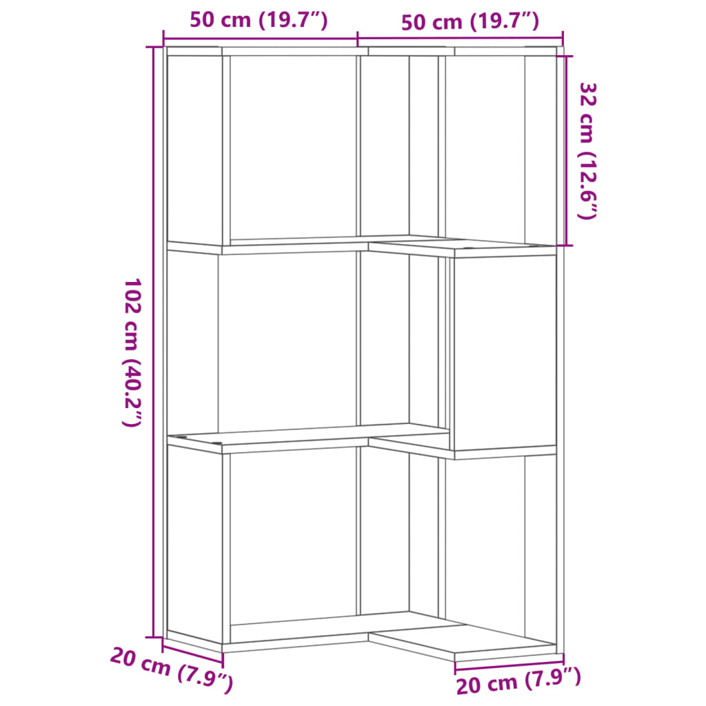 Bokhylle for hjørne 3 etasjer hvit 50x50x102 cm konstruert tre vidaXL