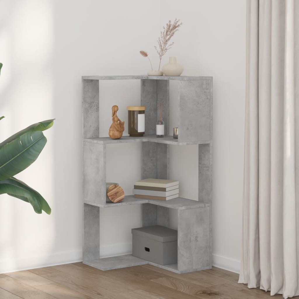 Bokhylle hjørne 3 etasjer betonggrå 50x50x102 cm konstruert tre
