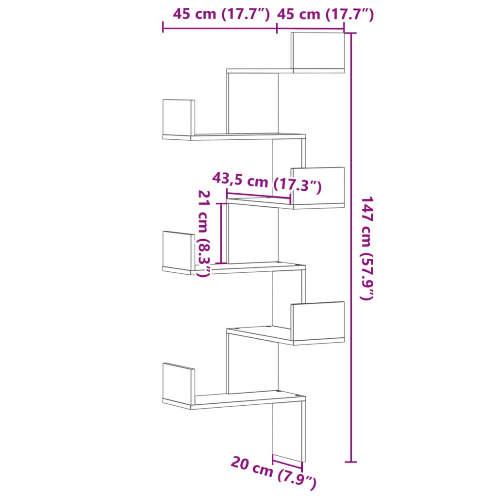 Veggmontert hjørnehylle gammelt tre 45x45x147 cm konstruert tre