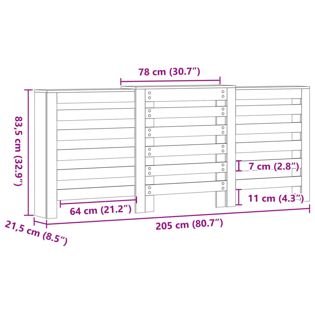 Radiatordeksel hvit 205x21,5x83,5 cm konstruert tre