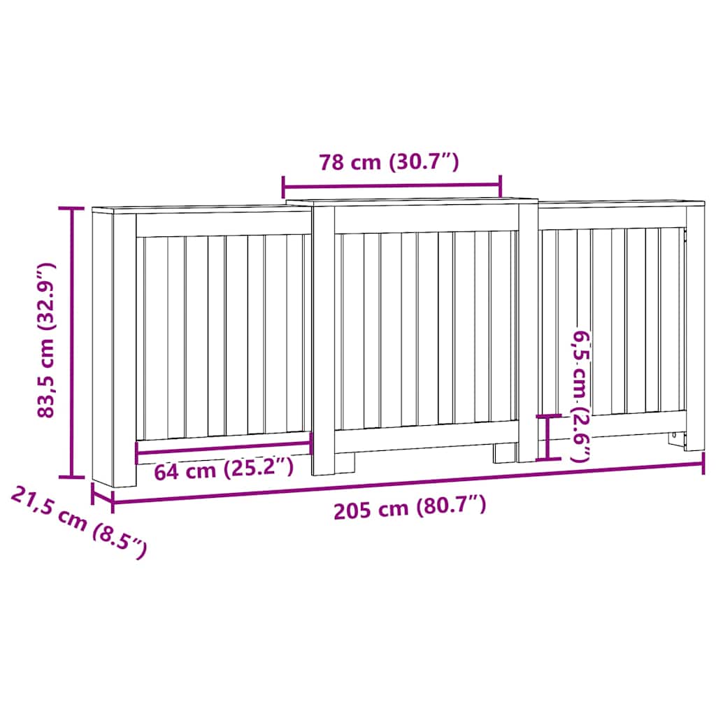 Radiatordeksel svart 205x21,5x83,5 cm konstruert tre