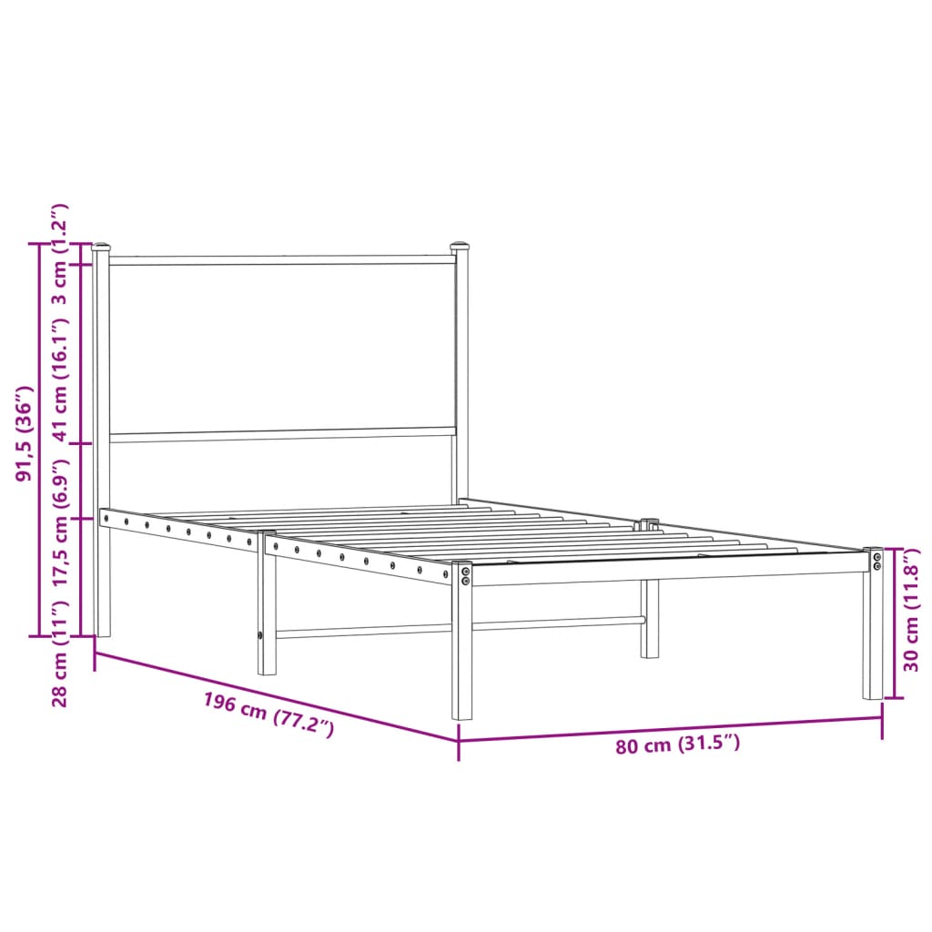 Sengeramme i metall uten madrass røkt eik 75x190 cm