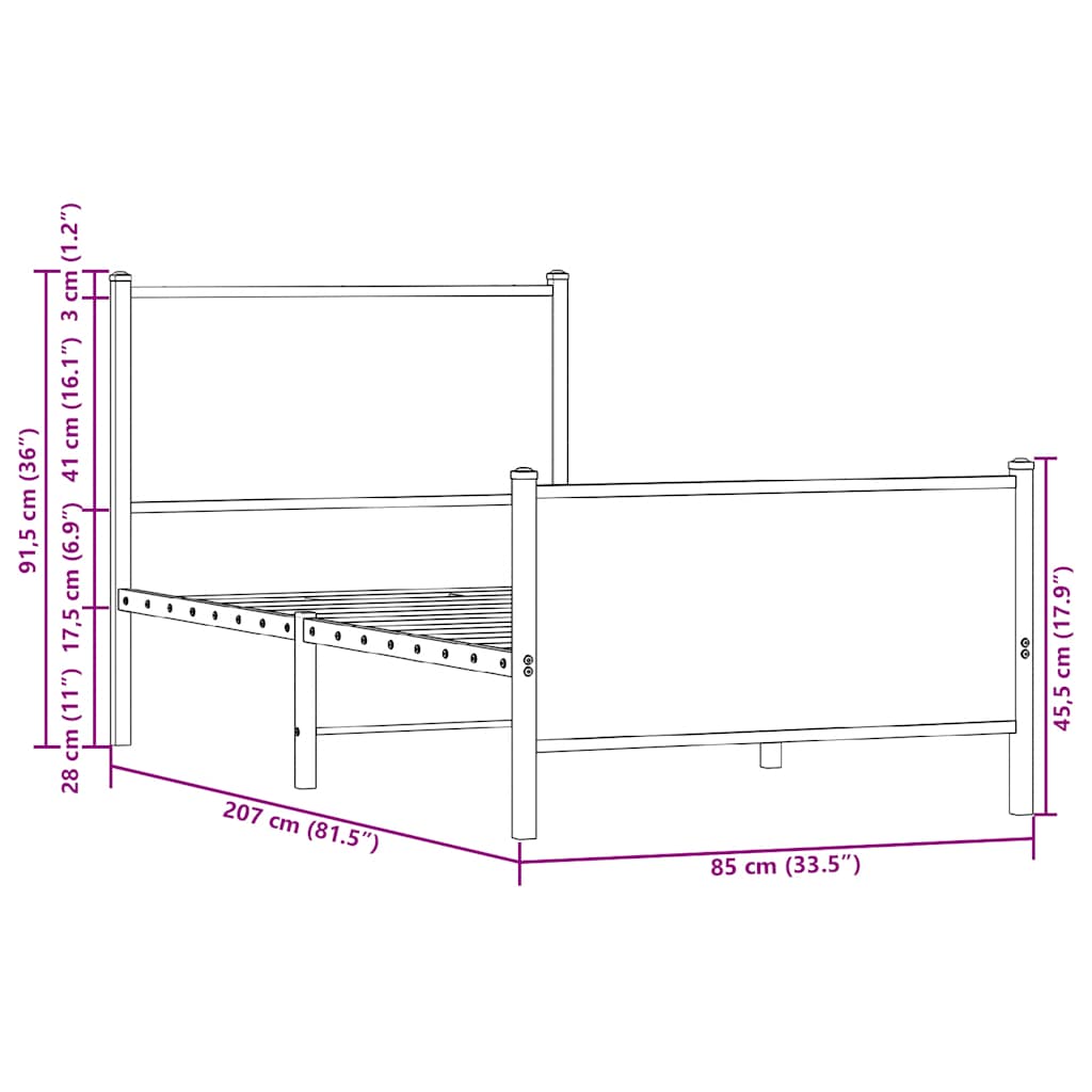 Sengeramme i metall uten madrass røkt eik 80x200 cm