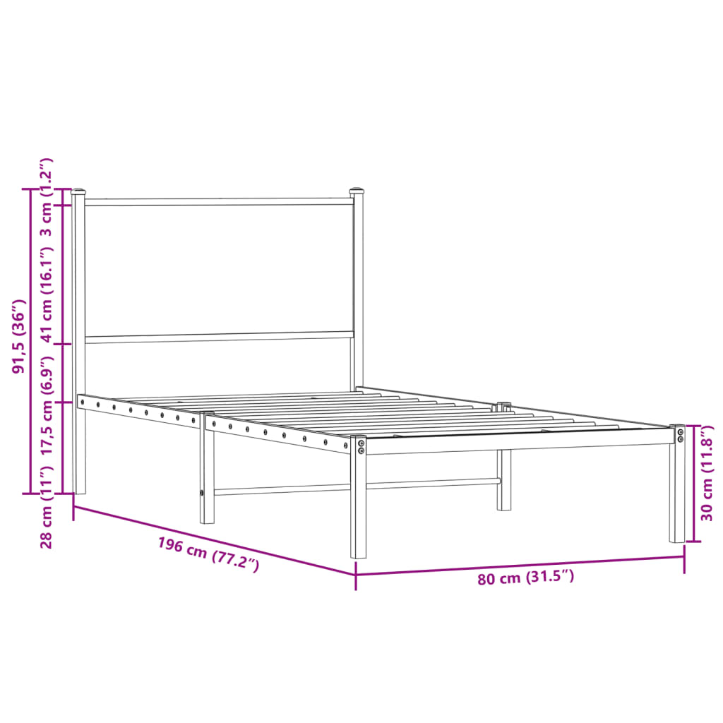 Sengeramme i metall uten madrass brun eik 75x190 cm