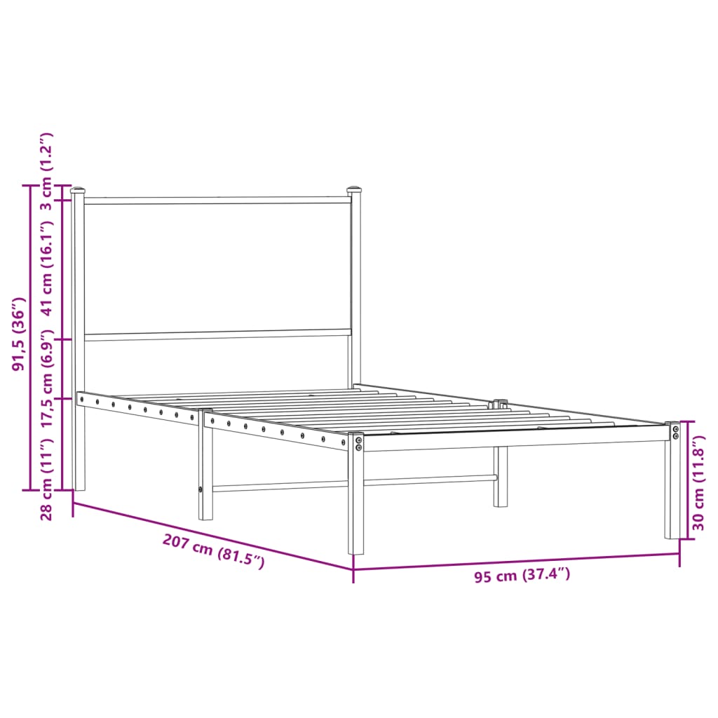 Sengeramme i metall uten madrass brun eik 90x200 cm