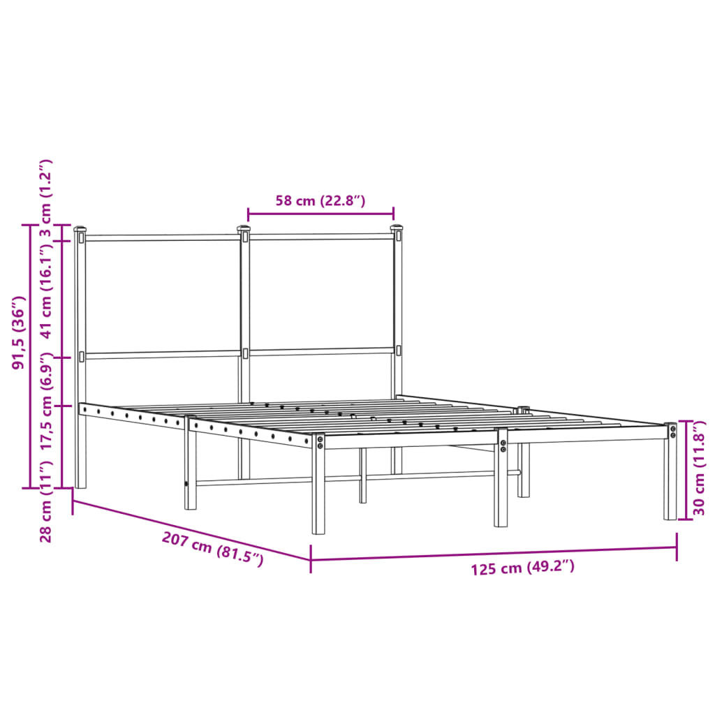 Sengeramme i metall uten madrass brun eik 120x200 cm