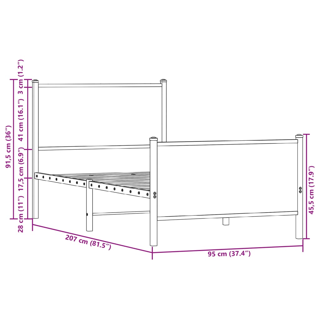 Sengeramme i metall uten madrass brun eik 90x200 cm
