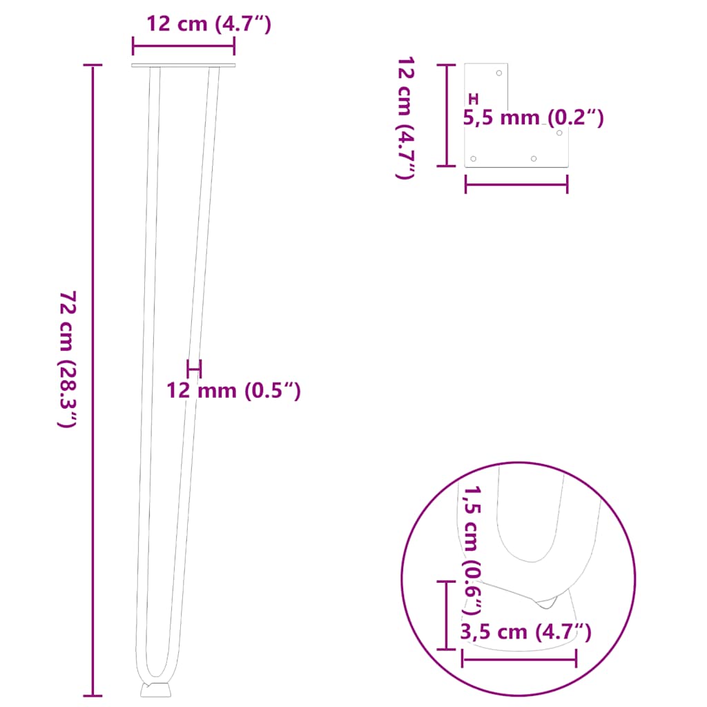 hårnålsben til konsollbord 4 stk svart 72 cm massivt stål