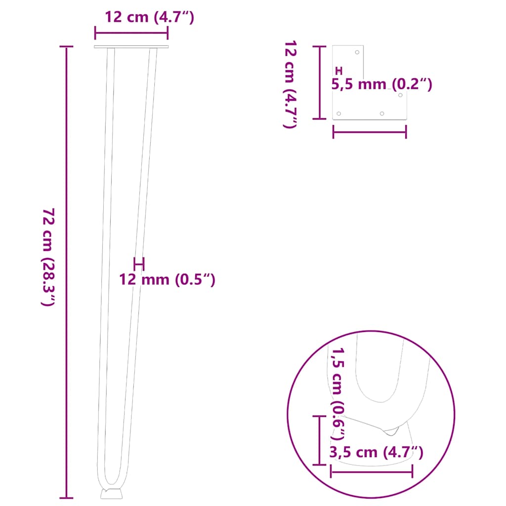 hårnålsben til konsollbord 4 stk hvit 72 cm massivt stål