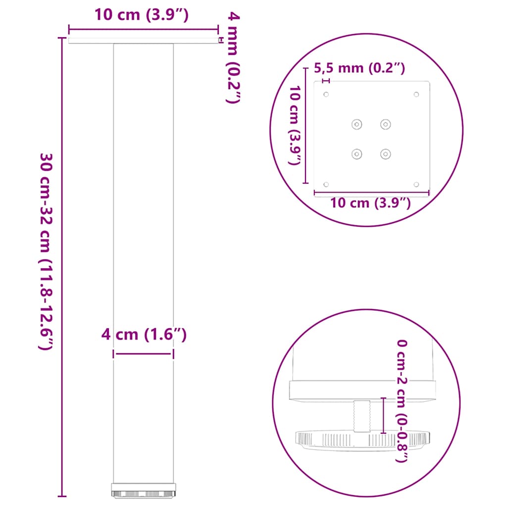 Salongbordben 4 stk naturstål 30–32 cm stål