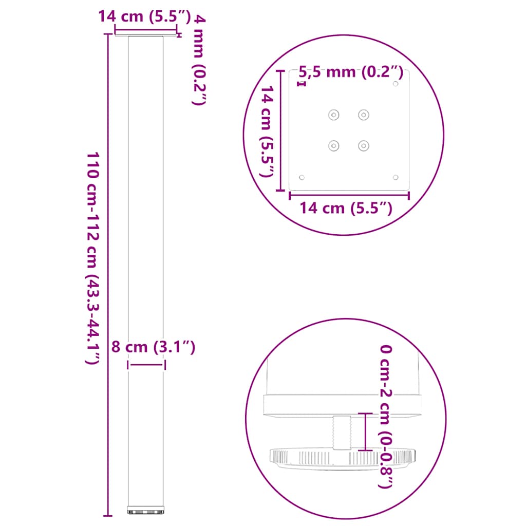 Barbordben 4 stk hvite 110–112 cm stål