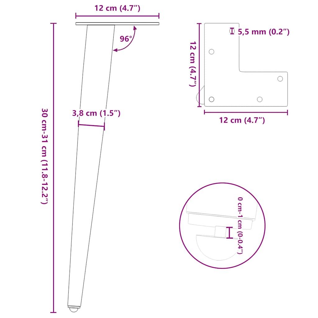 Salongbordben konisk form 4 stk hvit 30-31 cm stål