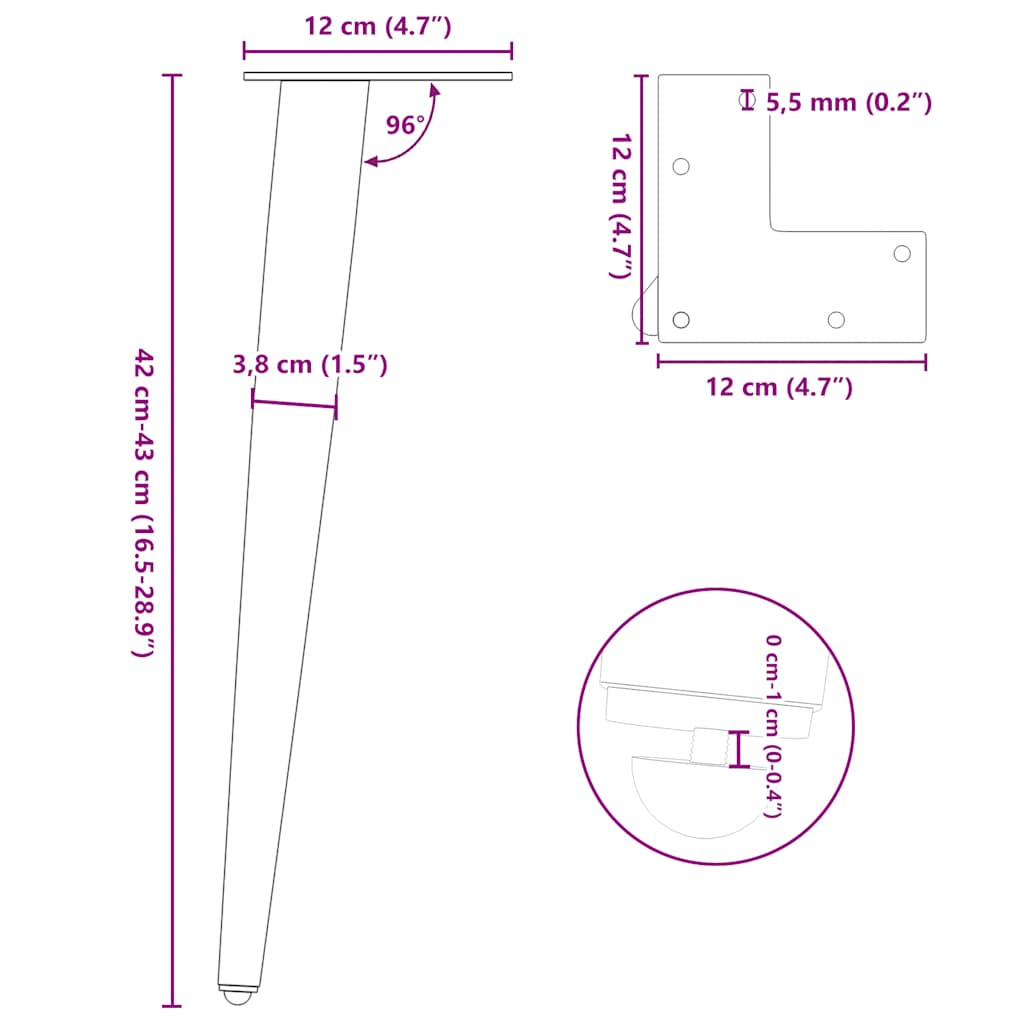 Salongbordben konisk form 4 stk svart 42-43 cm stål vidaXL