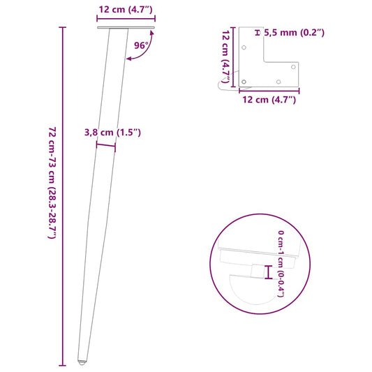 Konsollbordben konisk form 4 stk svart 72-73 cm stål
