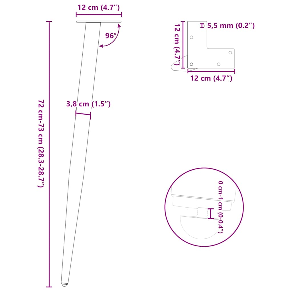 Konsollbordben konisk form 4 stk antrasitt 72–73 cm stål