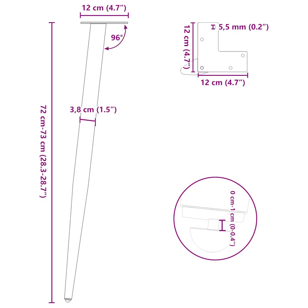 Konsollbordben konisk form 4 stk naturstål 72–73 cm stål