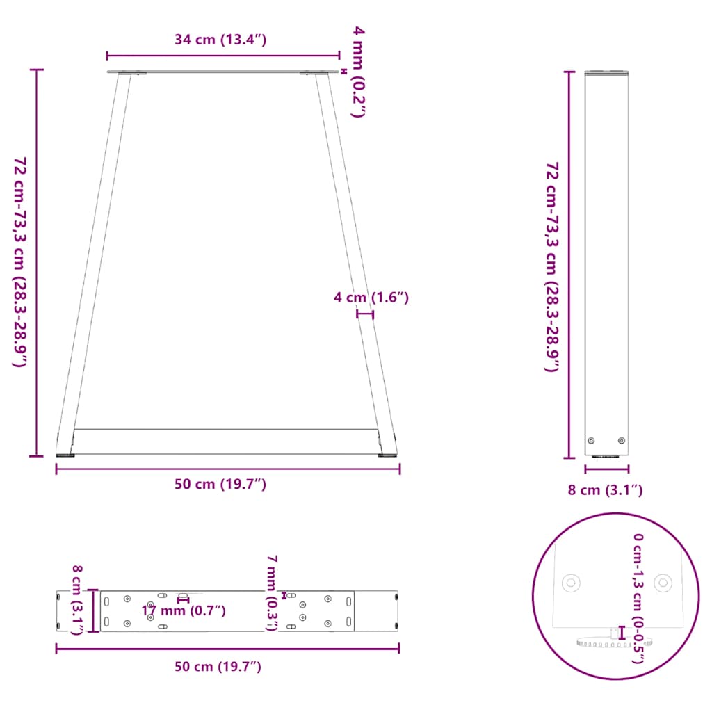 Spisebordben V-formet 2 stk hvit 50x(72-73,3) cm stål vidaXL
