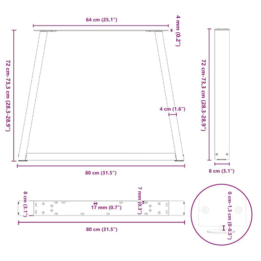 Spisebordben V-formet 2 stk naturstål 80 x (72-73,3) cm stål