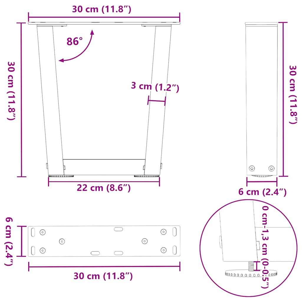 Salongbordben V-formet 2 stk svart 30x(30-31,3) cm stål