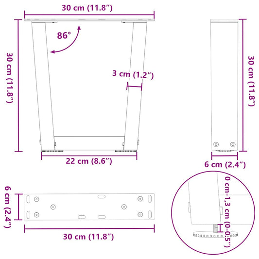 Salongbordben V-formet 2 stk svart 30x(30-31,3) cm stål