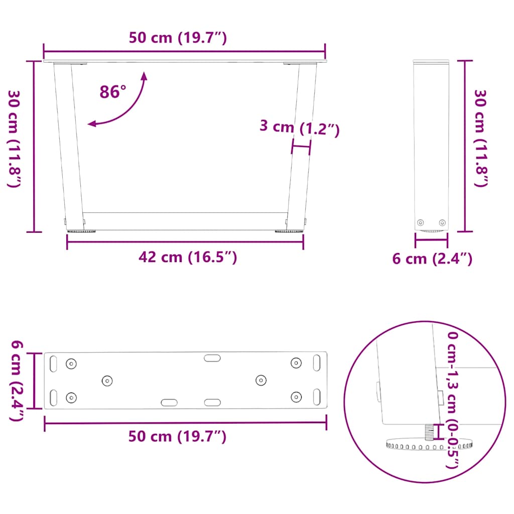 Salongbordben V-formet 2 stk naturstål 50x(30-31,3) cm stål