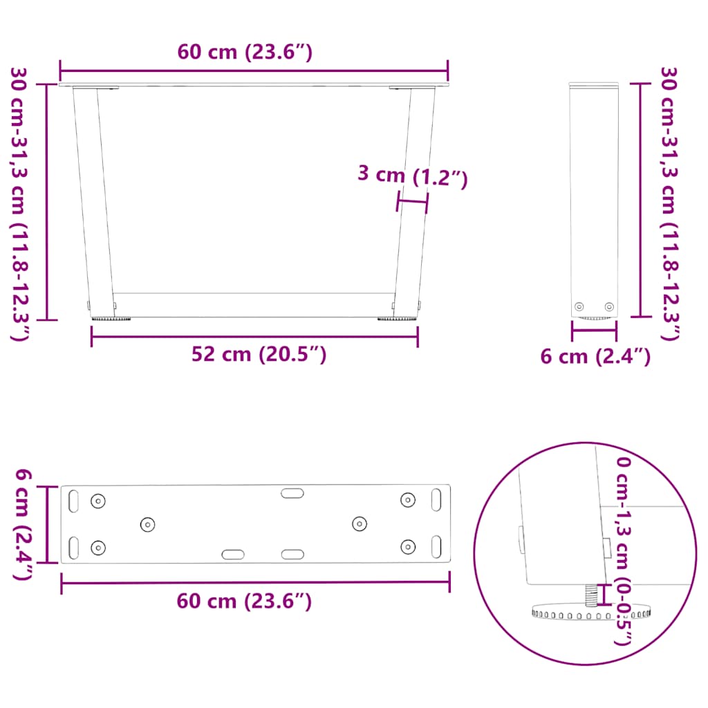 Salongbordben V-formet 2 stk svart 60 x (30-31,3) cm stål