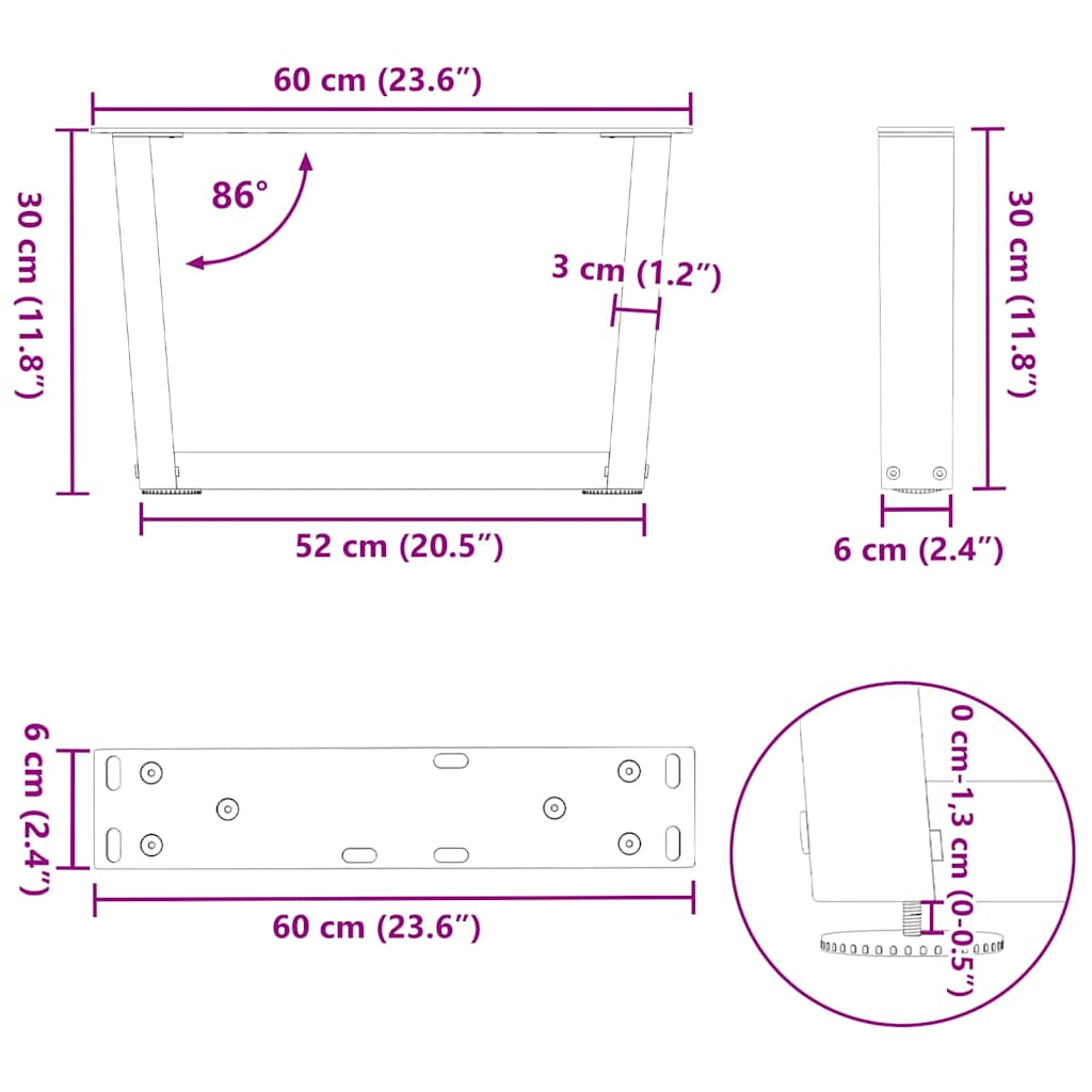 Salongbordben V-formet 2 stk antrasitt 60 x (30-31,3) cm stål