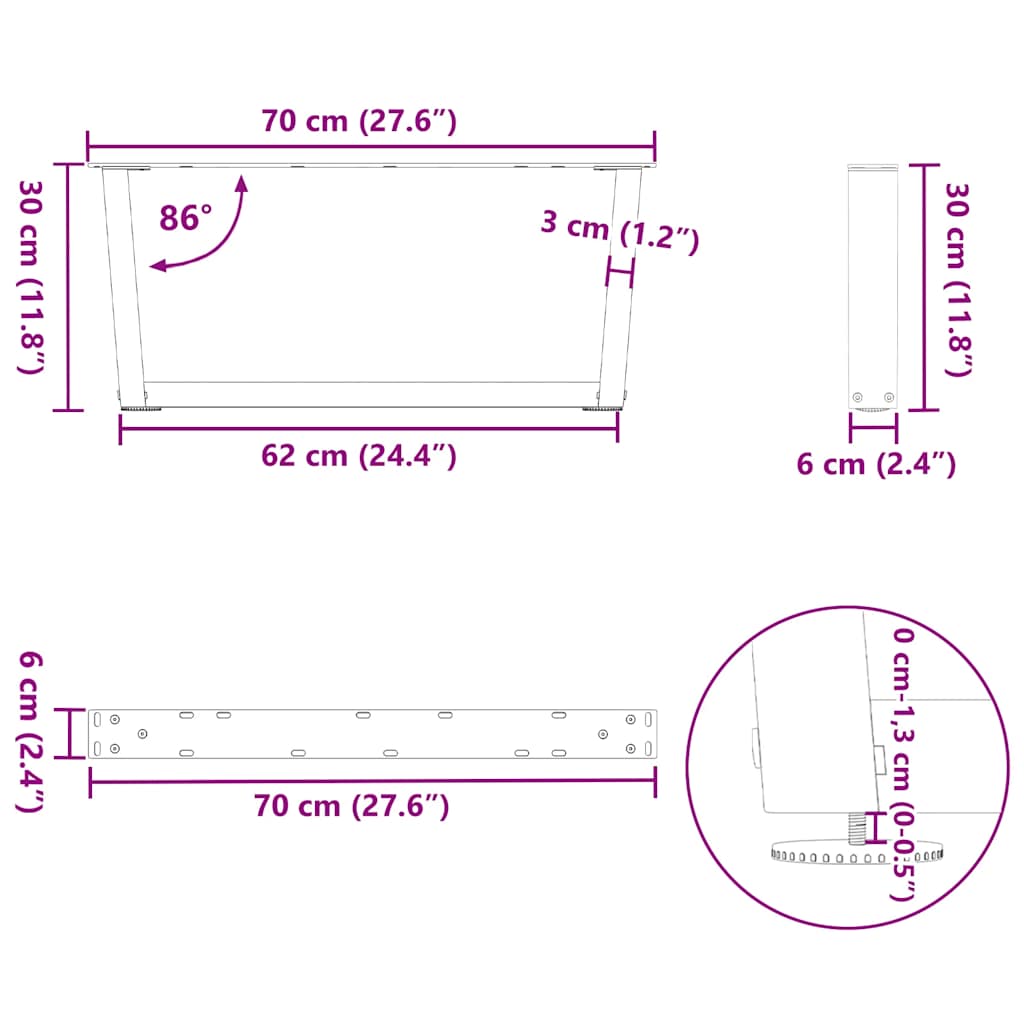 Salongbordben V-formet 2 stk svart 70 x (30-31,3) cm stål