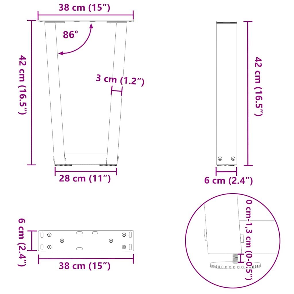 Salongbordben V-formet 2 stk hvit 38 x (42-43,3) cm stål