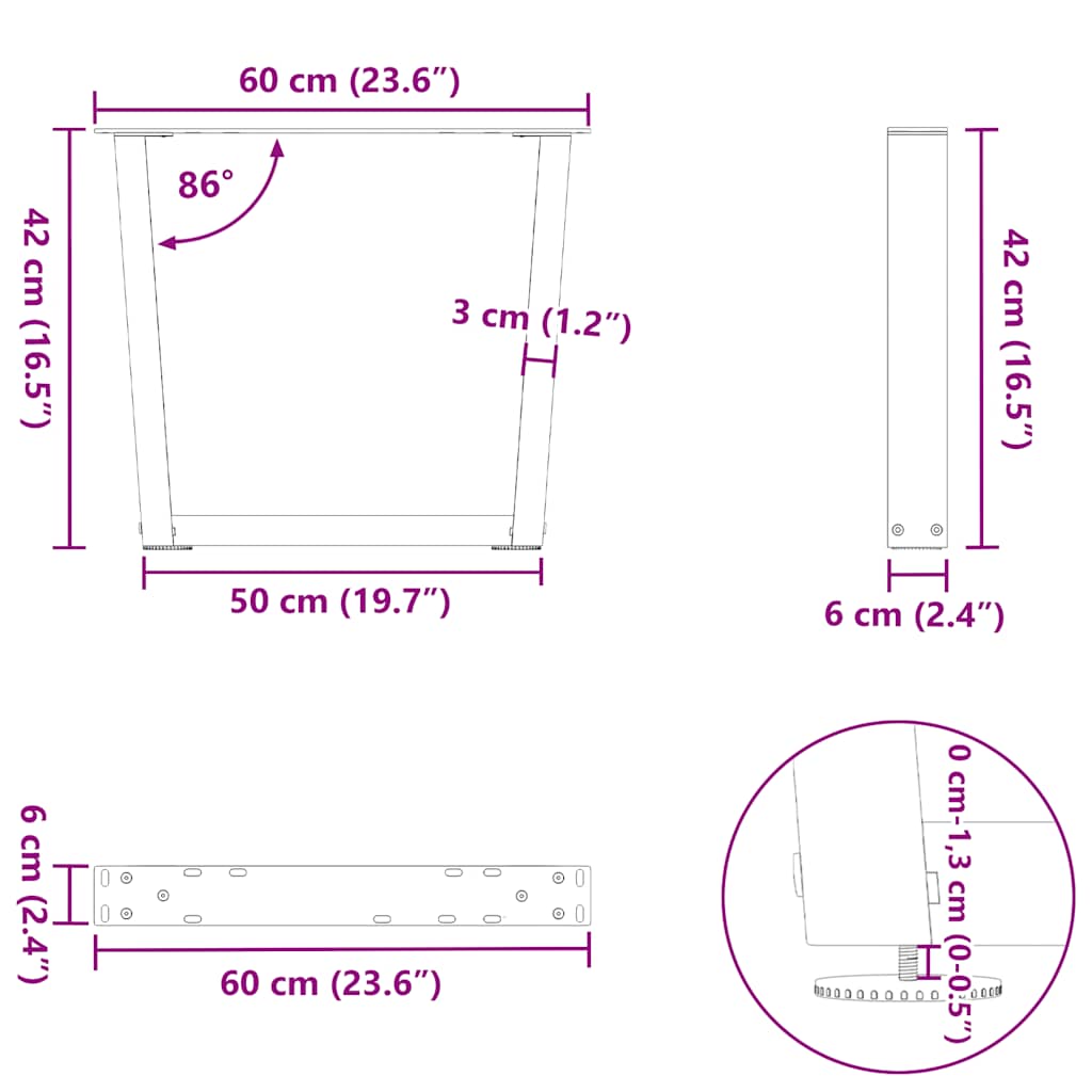 Salongbordben V-formet 2 stk naturstål 60 x (42-43,3) cm stål