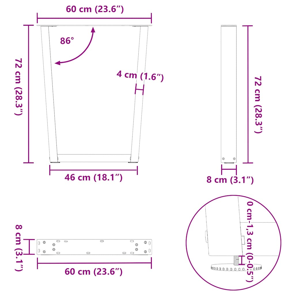 Spisebordben V-formet 2 stk naturstål 60 x (72-73,3) cm stål