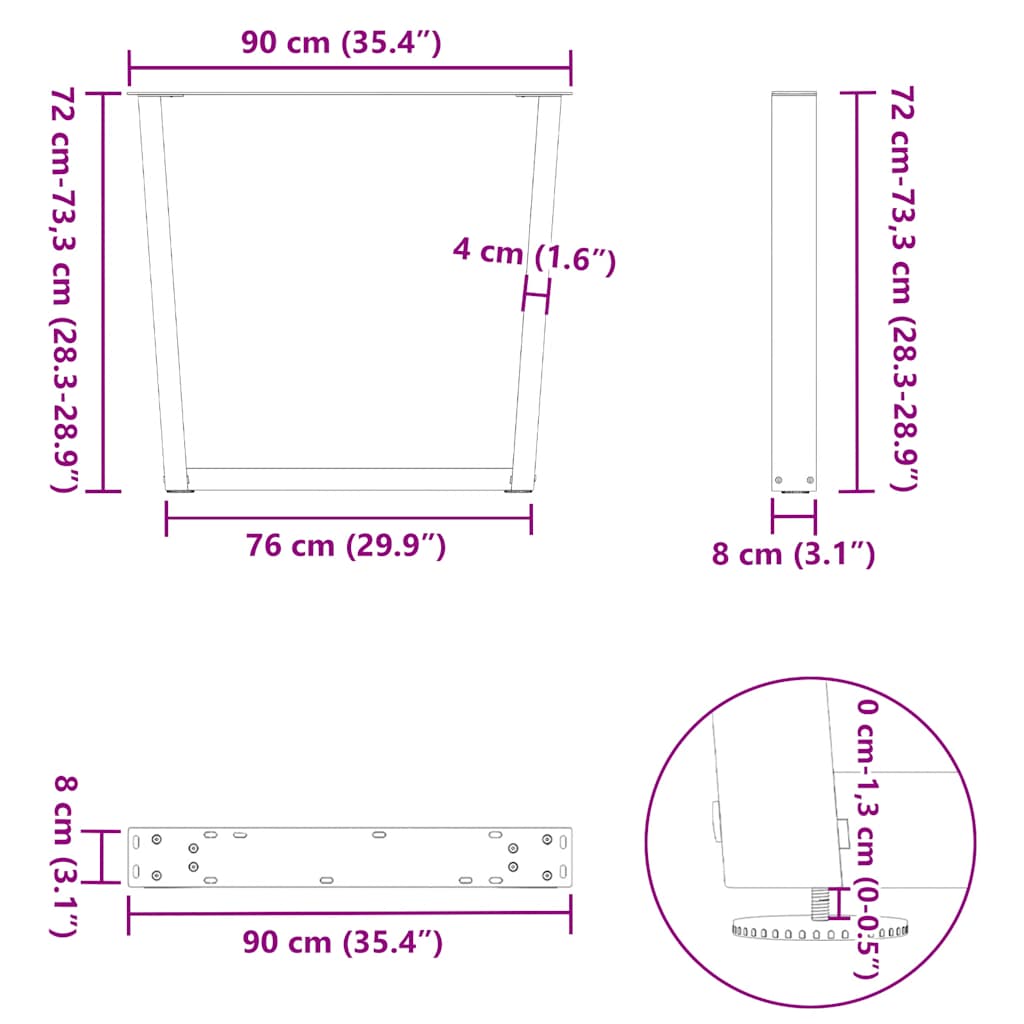 Spisebordben V-formet 2 stk naturstål 90 x (72-73,3) cm stål
