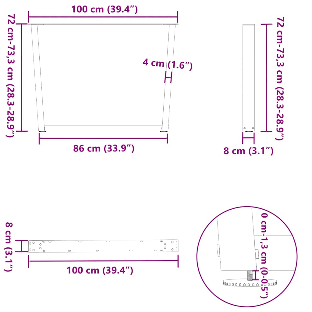 Spisebordben V-formet 2 stk svart 100x(72-73,3) cm stål