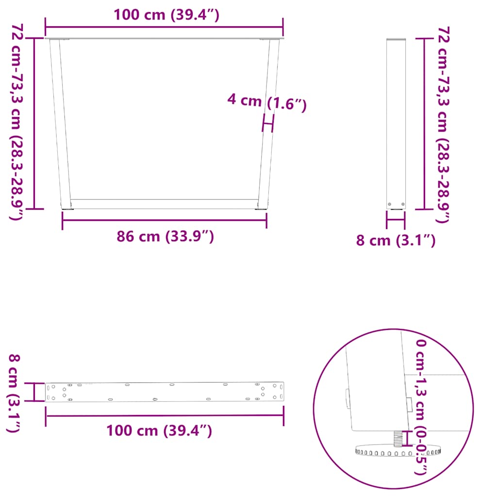 Spisebordben V-formet 3 stk naturstål 100x(72-73,3) cm stål