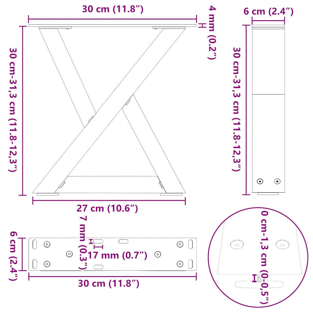 Salongbordben 2 stk naturstål 30x(30-31,3) cm stål