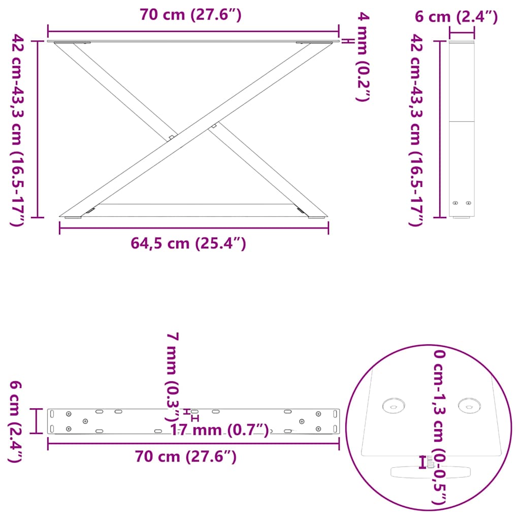 Salongbordben 2 stk naturstål 70 x (42-43,3) cm stål