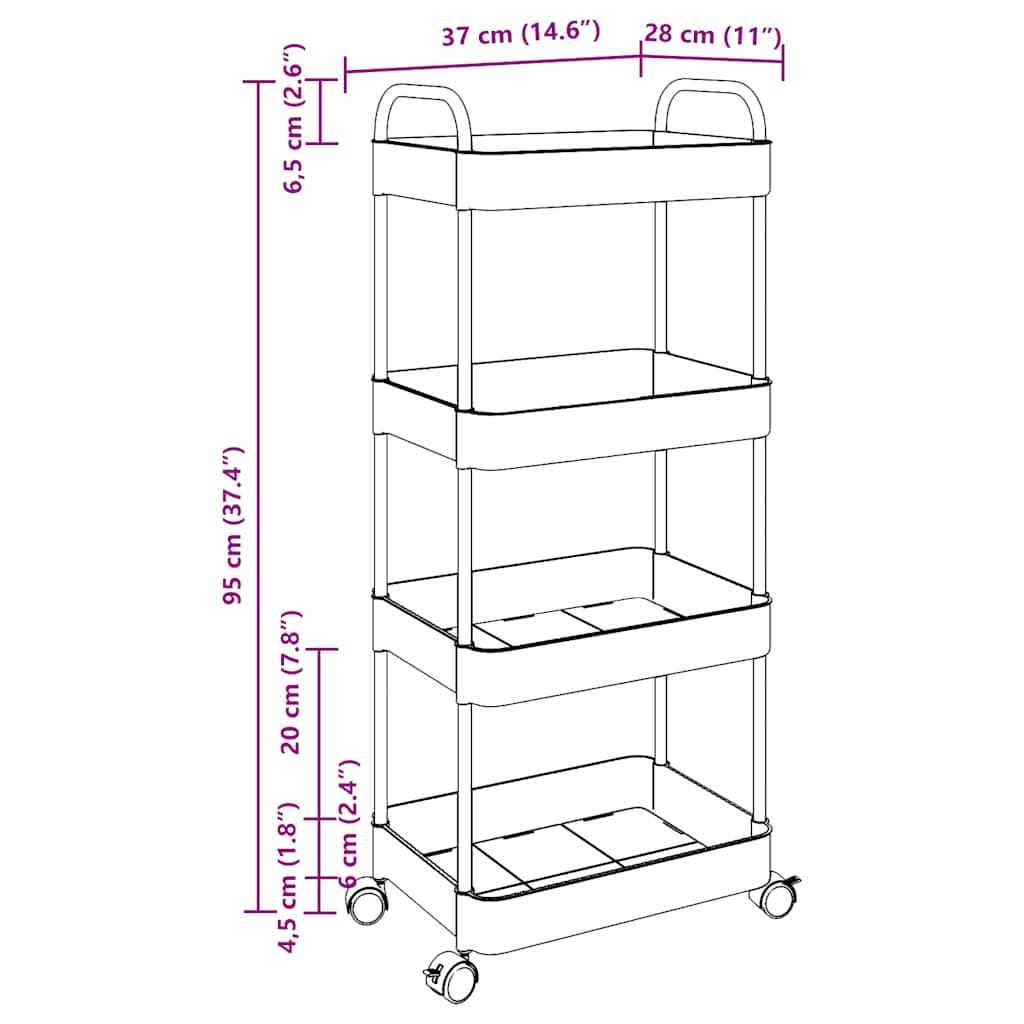 Oppbevaringsvogn 4-lags gjennomsiktig 37x28x95 cm akryl