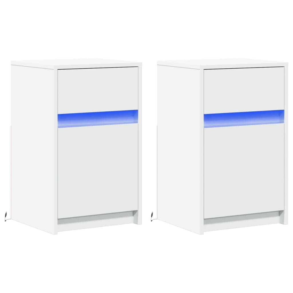 Nattbord med LED 2 stk hvit konstruert tre