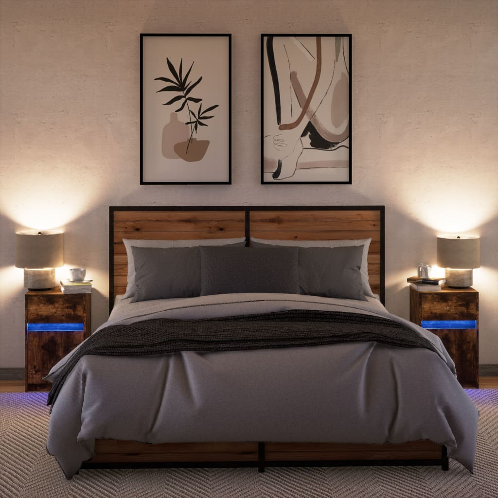 Nattbord med LED 2 stk røkt eik konstruert tre