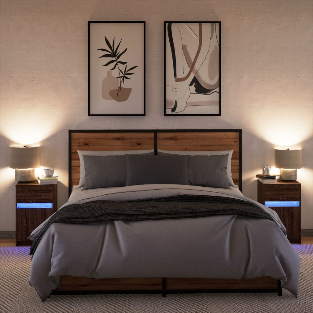 Nattbord med LED 2 stk brun eik konstruert tre