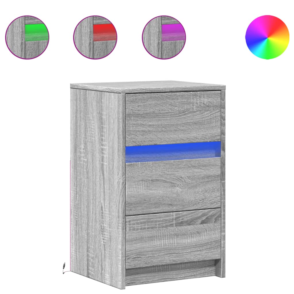 Nattbord med LED grå sonoma konstruert tre