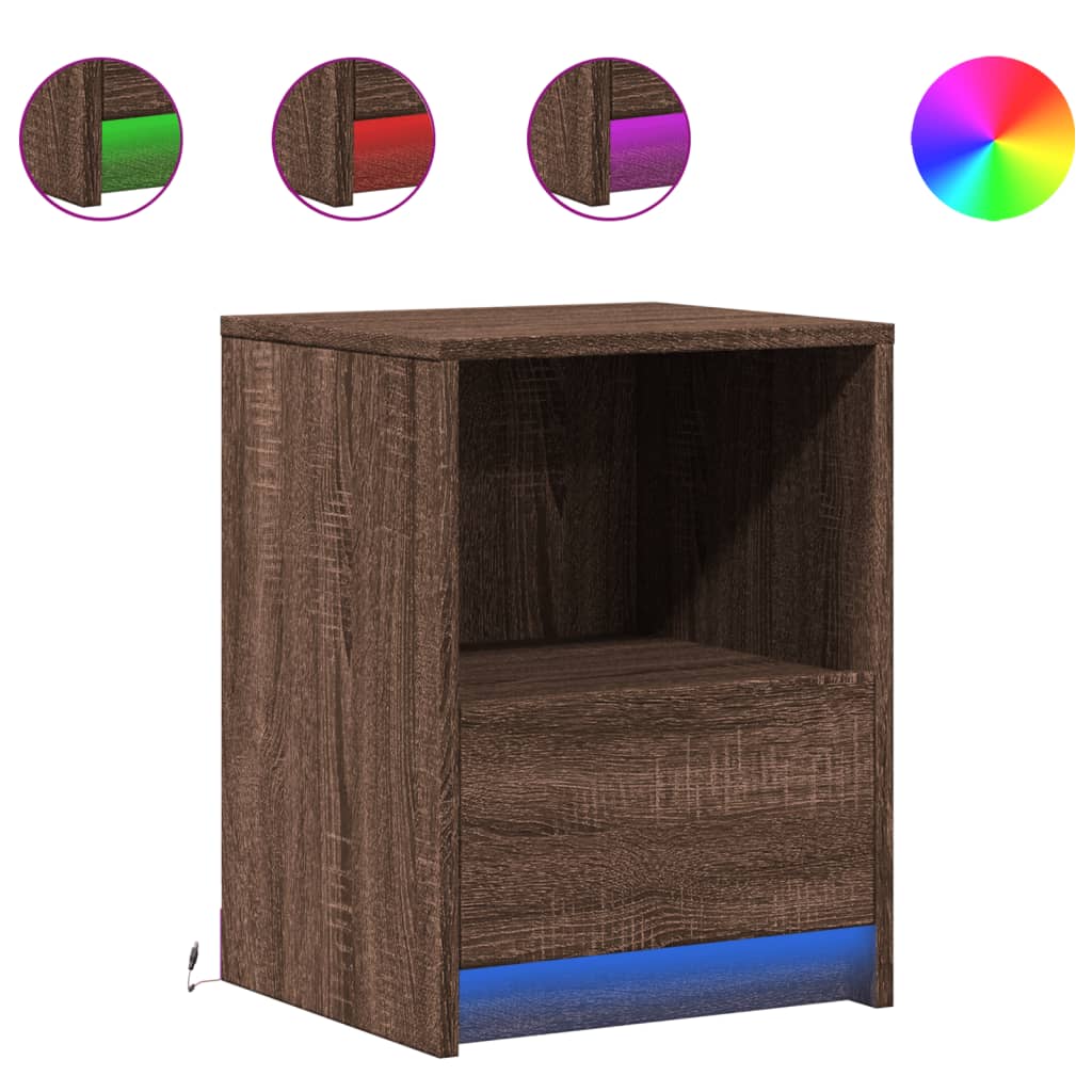 Nattbord med LED 2 stk brun eik konstruert tre