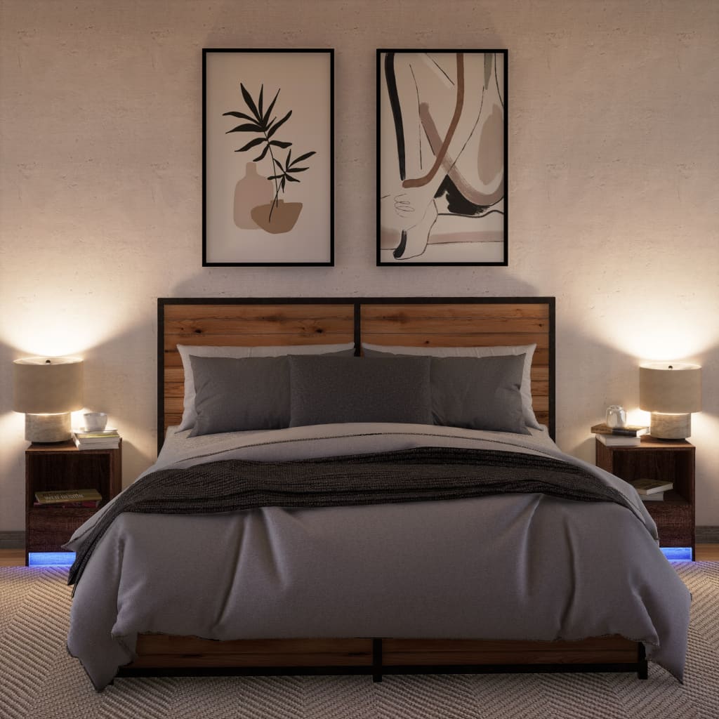 Nattbord med LED 2 stk brun eik konstruert tre