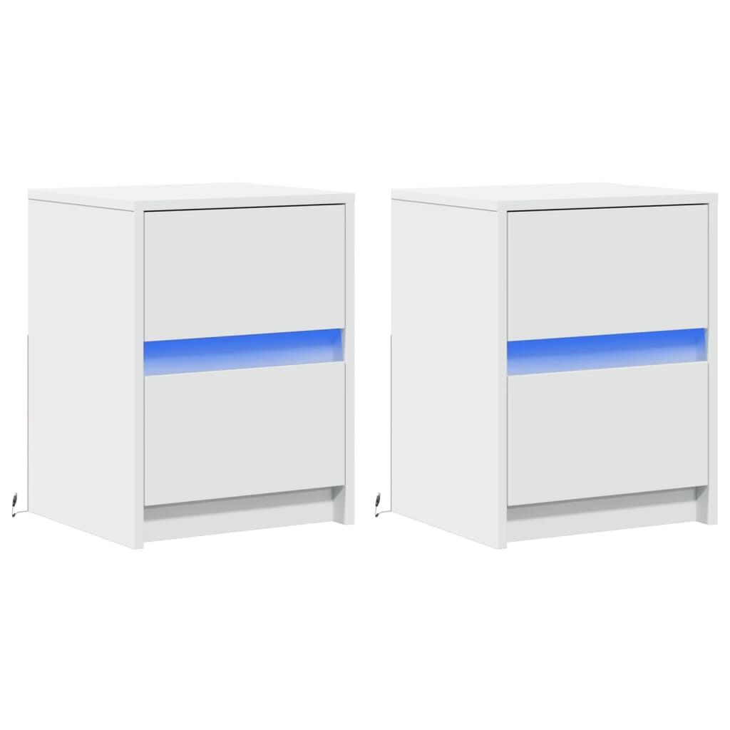 Nattbord med LED 2 stk hvit konstruert tre