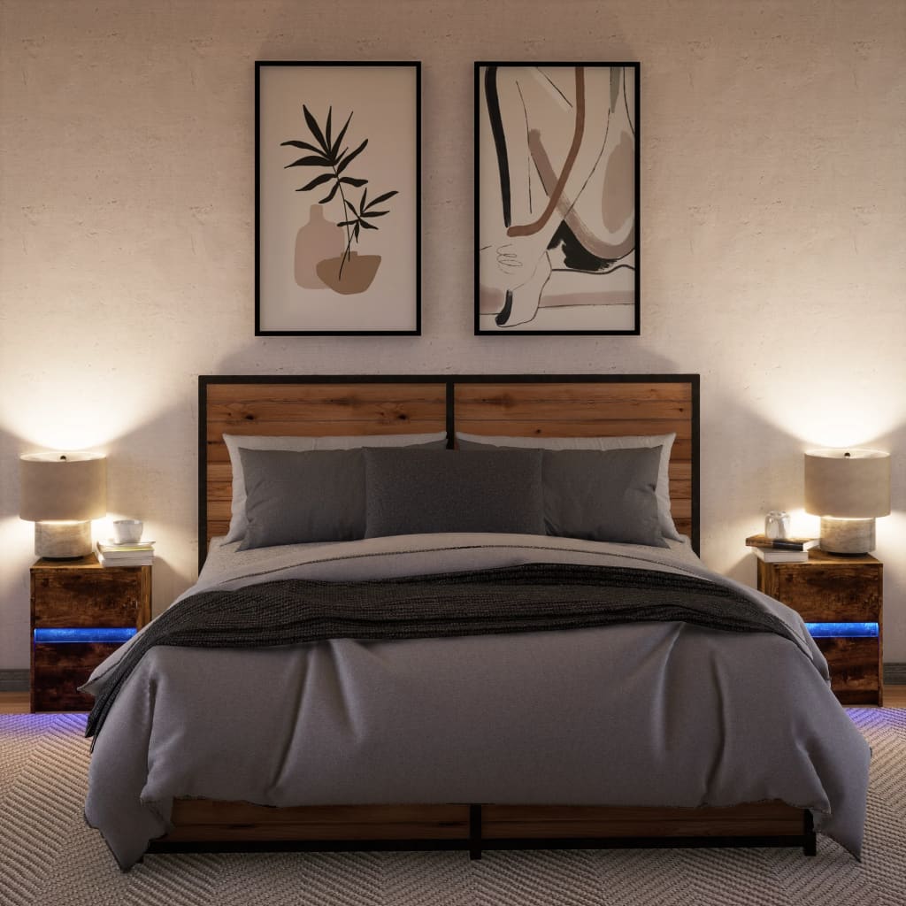 Nattbord med LED 2 stk røkt eik konstruert tre