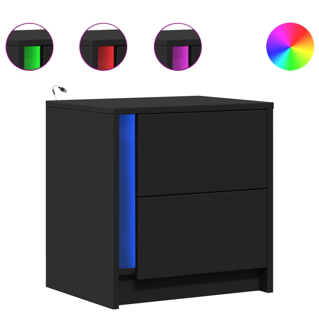 Nattbord med LED 2 stk svart konstruert tre